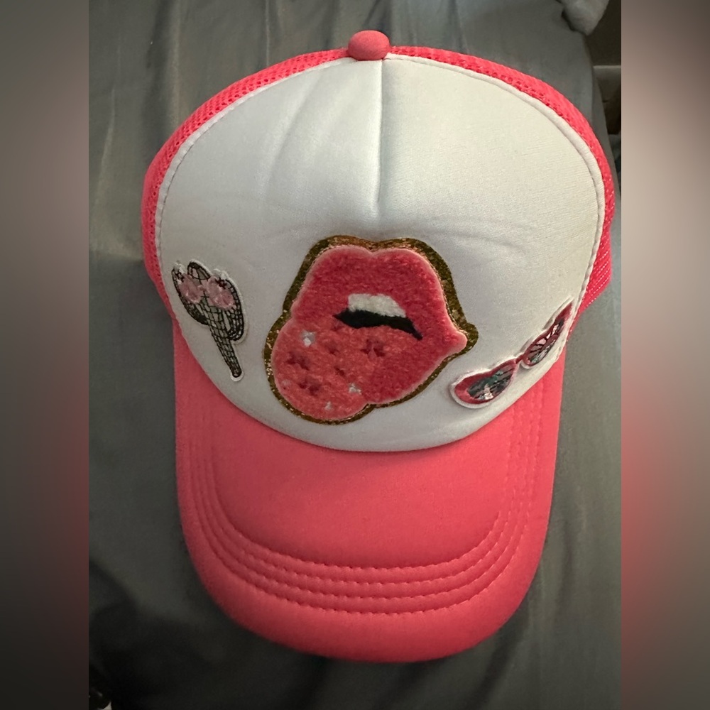Pink and White Women's Cap with Lip Design